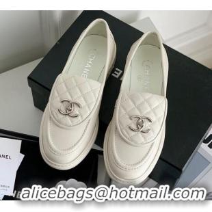 Hot Style Chanel Lambskin Loafers with CC Foldover White 012131