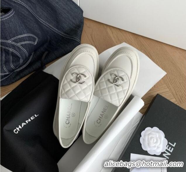 Hot Style Chanel Lambskin Loafers with CC Foldover White 012131