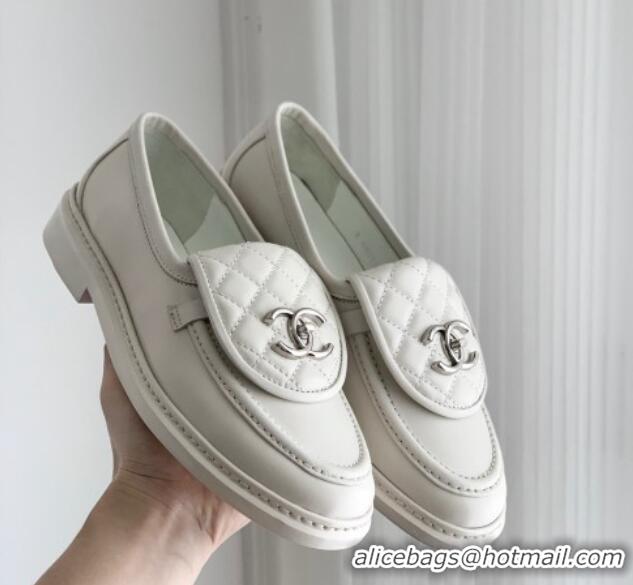 Hot Style Chanel Lambskin Loafers with CC Foldover White 012131