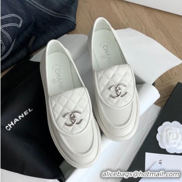 Hot Style Chanel Lambskin Loafers with CC Foldover White 012131