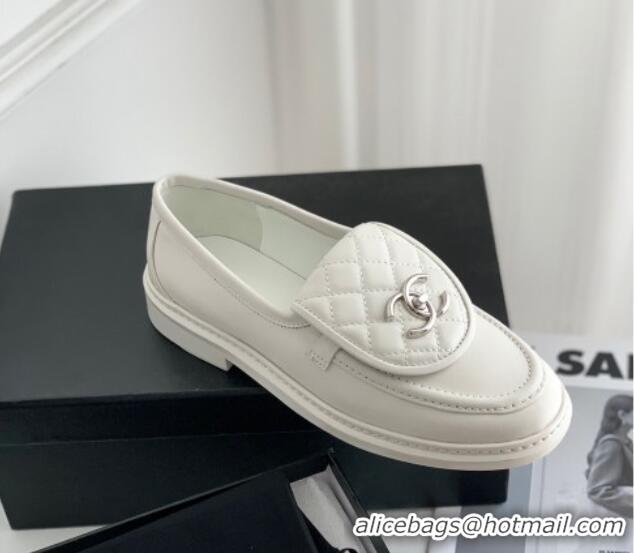 Hot Style Chanel Lambskin Loafers with CC Foldover White 012131