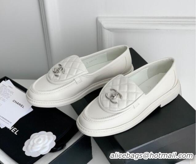 Hot Style Chanel Lambskin Loafers with CC Foldover White 012131