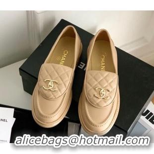 Stylish Chanel Lambskin Loafers with CC Foldover Beige 012132