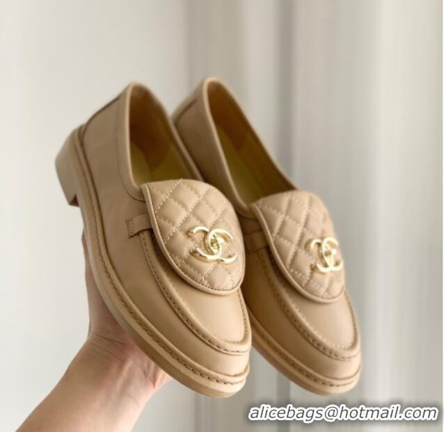 Stylish Chanel Lambskin Loafers with CC Foldover Beige 012132