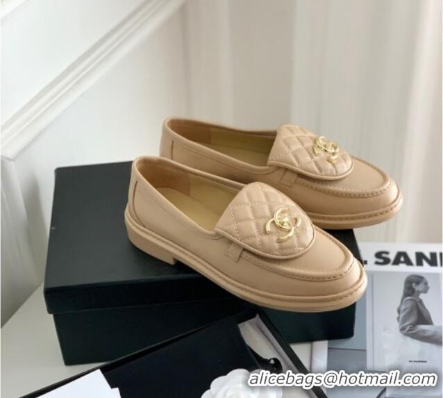 Stylish Chanel Lambskin Loafers with CC Foldover Beige 012132