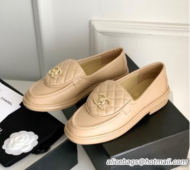 Stylish Chanel Lambskin Loafers with CC Foldover Beige 012132