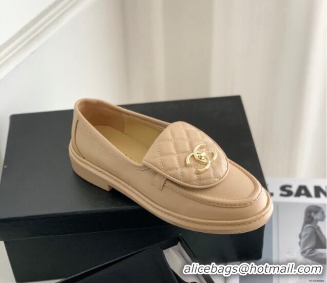 Stylish Chanel Lambskin Loafers with CC Foldover Beige 012132