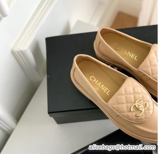 Stylish Chanel Lambskin Loafers with CC Foldover Beige 012132