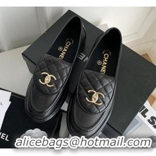 Sophisticated Chanel Lambskin Loafers with CC Foldover Black 012133