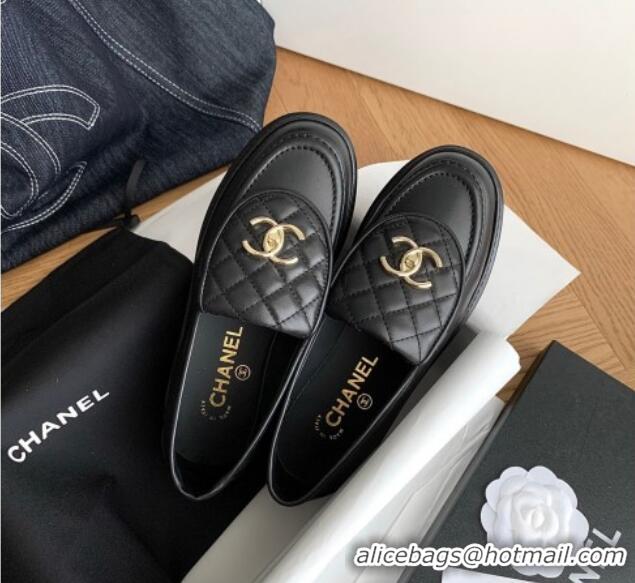 Sophisticated Chanel Lambskin Loafers with CC Foldover Black 012133