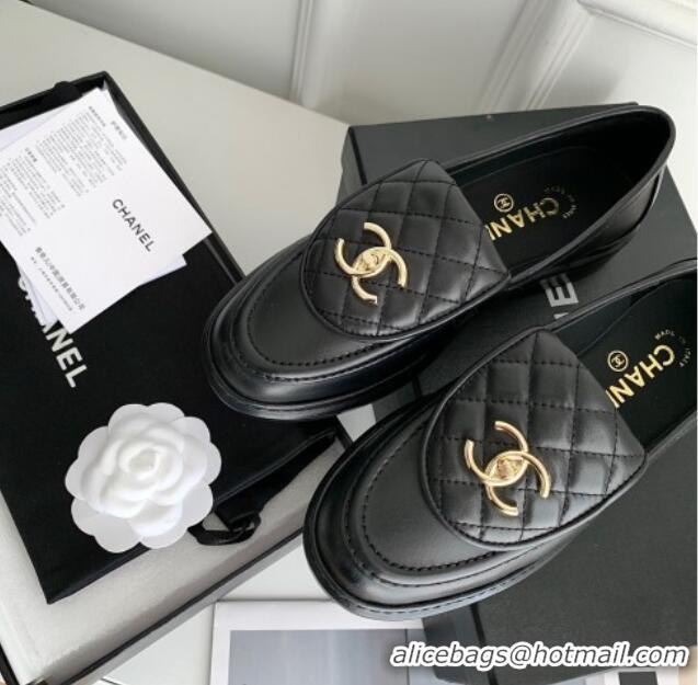 Sophisticated Chanel Lambskin Loafers with CC Foldover Black 012133