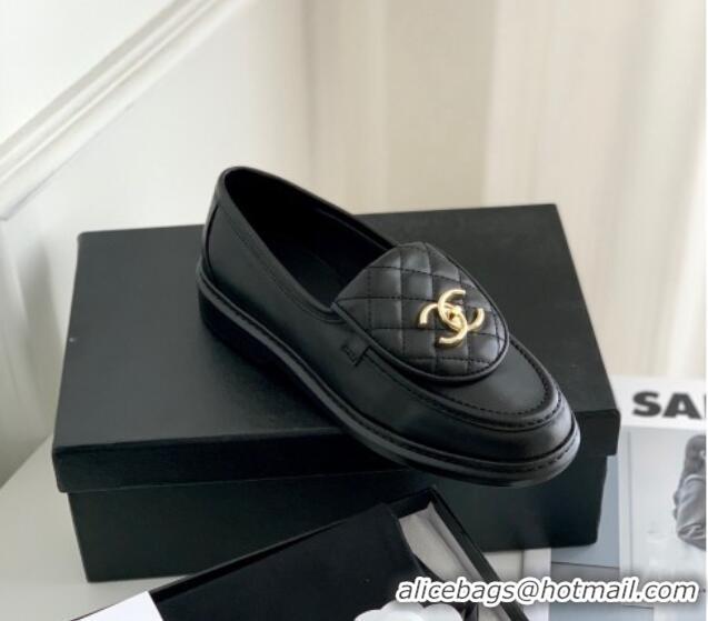 Sophisticated Chanel Lambskin Loafers with CC Foldover Black 012133