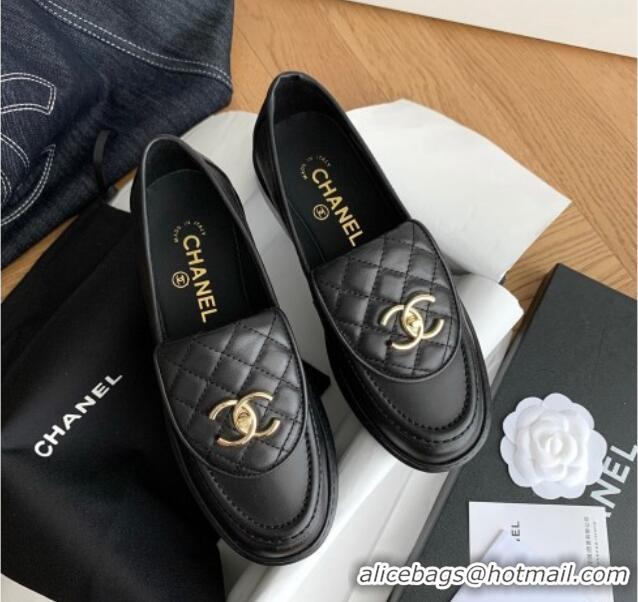 Sophisticated Chanel Lambskin Loafers with CC Foldover Black 012133