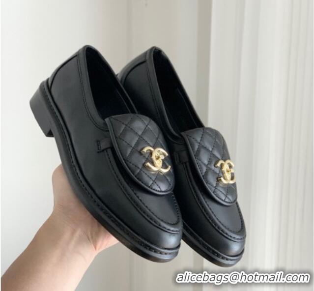 Sophisticated Chanel Lambskin Loafers with CC Foldover Black 012133