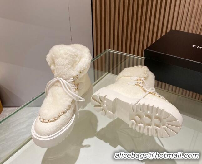 1:1 aaaaa Chanel Wool and Horse Fur Lace-up Ankle Boots White 101301