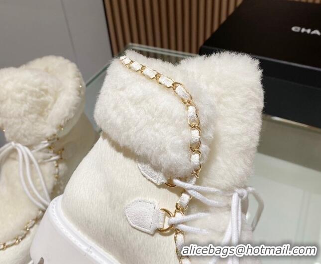 1:1 aaaaa Chanel Wool and Horse Fur Lace-up Ankle Boots White 101301