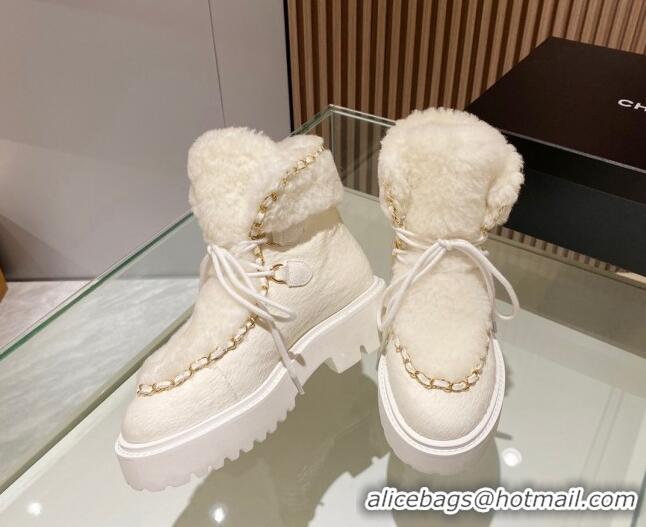 1:1 aaaaa Chanel Wool and Horse Fur Lace-up Ankle Boots White 101301