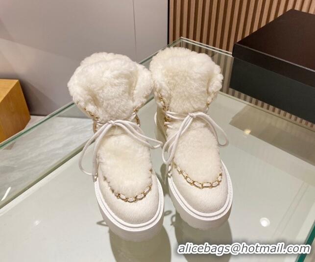 1:1 aaaaa Chanel Wool and Horse Fur Lace-up Ankle Boots White 101301