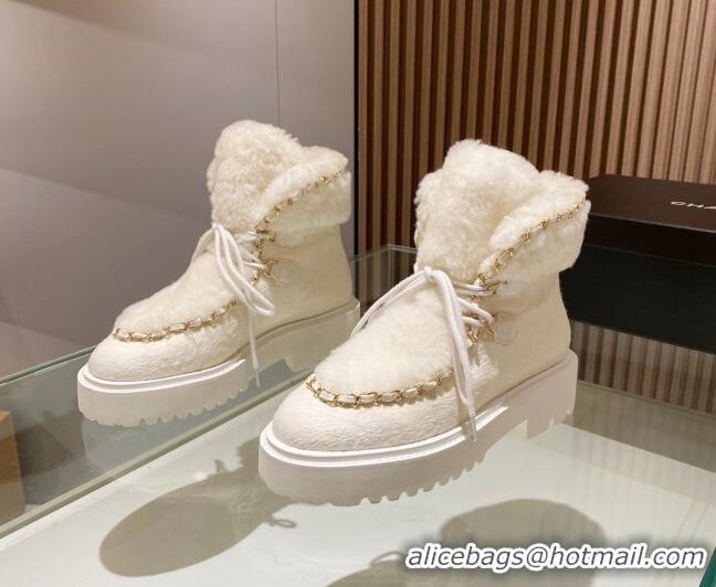 1:1 aaaaa Chanel Wool and Horse Fur Lace-up Ankle Boots White 101301