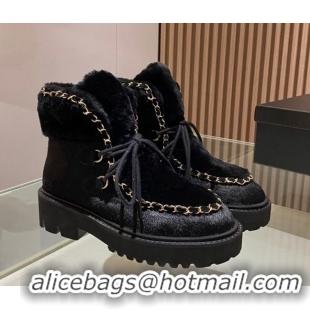 Duplicate Chanel Wool and Horse Fur Lace-up Ankle Boots Black 101302