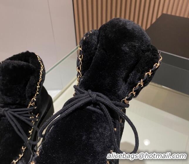 Duplicate Chanel Wool and Horse Fur Lace-up Ankle Boots Black 101302