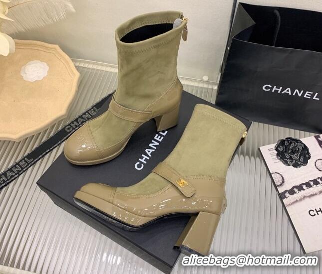 Good Product Chanel Suede and Patent Leather Ankle Boots Green 101303