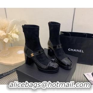 Grade Chanel Suede and Patent Leather Ankle Boots Black 101304