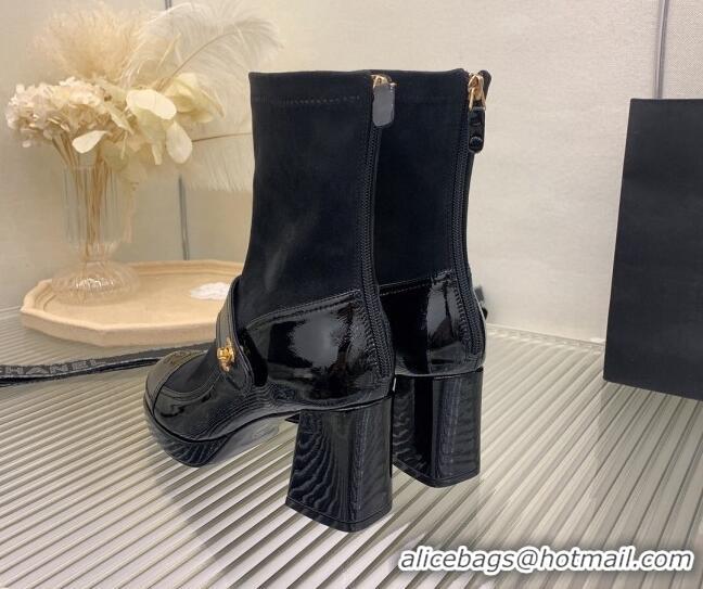 Grade Chanel Suede and Patent Leather Ankle Boots Black 101304