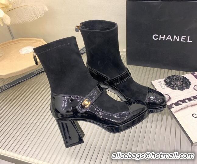 Grade Chanel Suede and Patent Leather Ankle Boots Black 101304