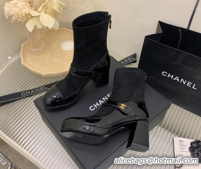 Grade Chanel Suede and Patent Leather Ankle Boots Black 101304