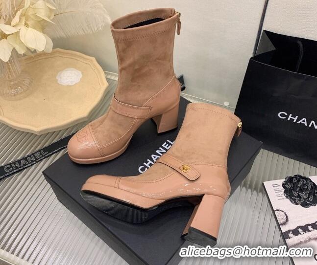 Good Quality Chanel Suede and Patent Leather Ankle Boots Dusty Pink 101305