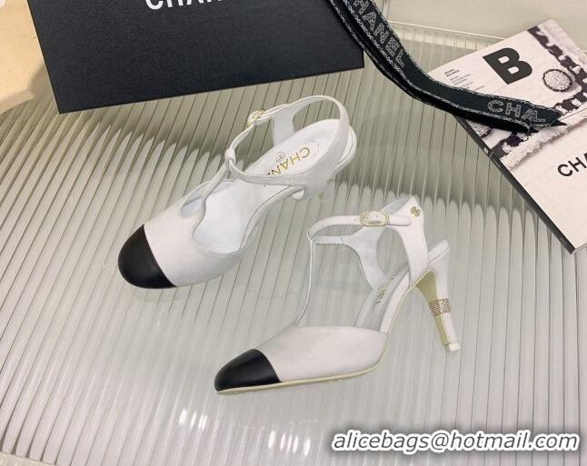 Good Quality Chanel Suede High Heel Pumps Open Shoes 8.5cm G39402 White