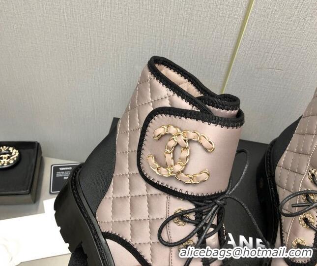 Popular Style Chanel Silk Lace-ups Ankle Boots G36424 Nude