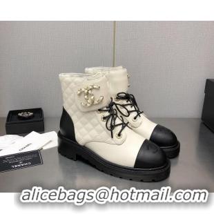 Best Price Chanel Lambskin Leather Lace-ups Ankle Boots G36424 White