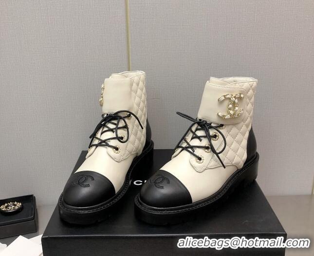 Best Price Chanel Lambskin Leather Lace-ups Ankle Boots G36424 White