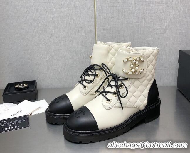 Best Price Chanel Lambskin Leather Lace-ups Ankle Boots G36424 White