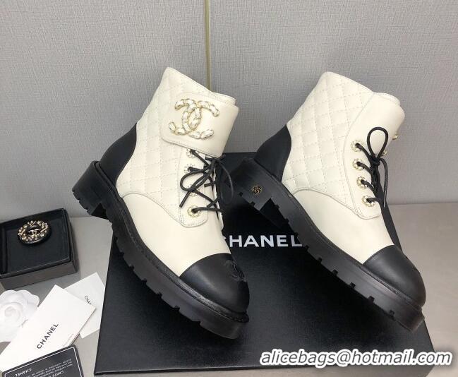 Best Price Chanel Lambskin Leather Lace-ups Ankle Boots G36424 White