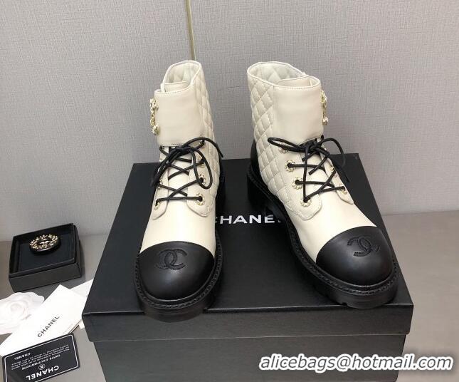 Best Price Chanel Lambskin Leather Lace-ups Ankle Boots G36424 White