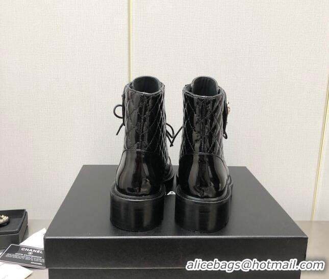 Perfect Chanel Patent Leather Lace-ups Ankle Boots G36424 Black