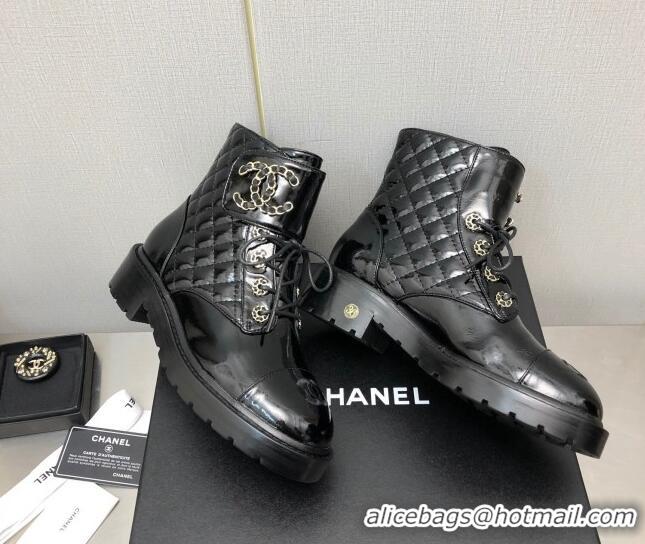 Perfect Chanel Patent Leather Lace-ups Ankle Boots G36424 Black