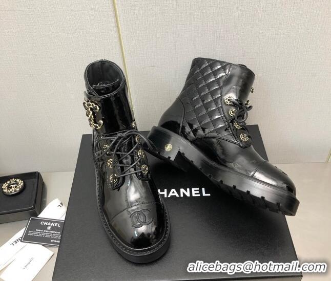 Perfect Chanel Patent Leather Lace-ups Ankle Boots G36424 Black