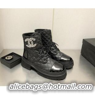 Good Looking Chanel Lambskin Lace-ups Ankle Boots with Crystal CC G36424 Black