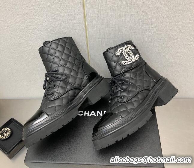 Good Looking Chanel Lambskin Lace-ups Ankle Boots with Crystal CC G36424 Black