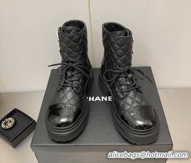 Good Looking Chanel Lambskin Lace-ups Ankle Boots with Crystal CC G36424 Black