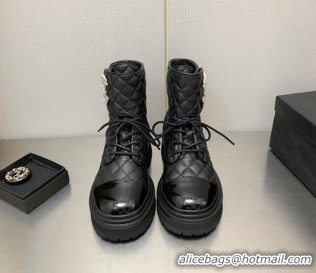 Good Looking Chanel Lambskin Lace-ups Ankle Boots with Crystal CC G36424 Black