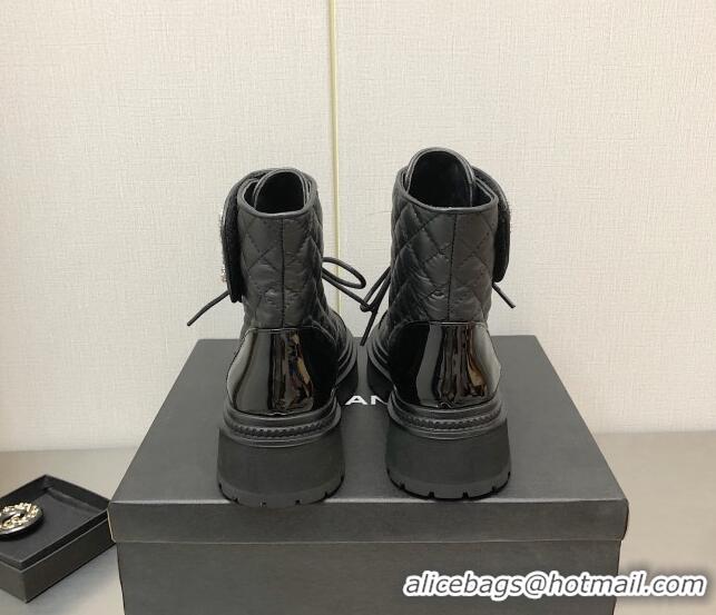 Good Looking Chanel Lambskin Lace-ups Ankle Boots with Crystal CC G36424 Black