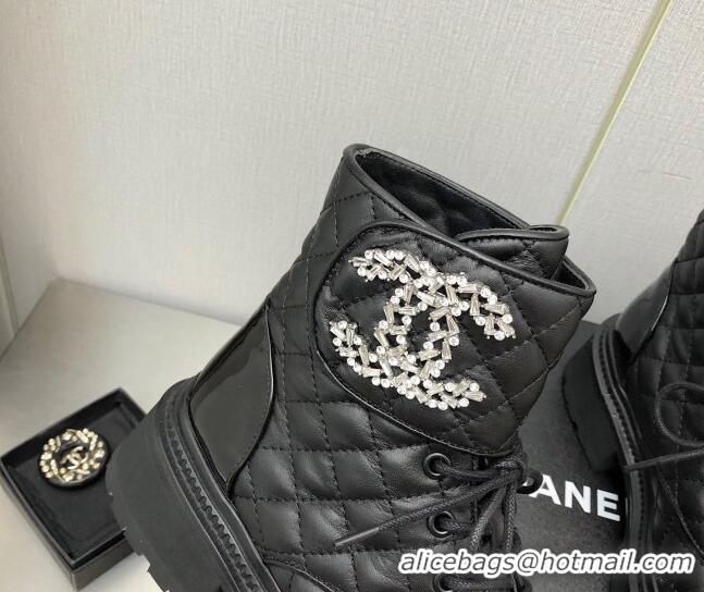 Good Looking Chanel Lambskin Lace-ups Ankle Boots with Crystal CC G36424 Black