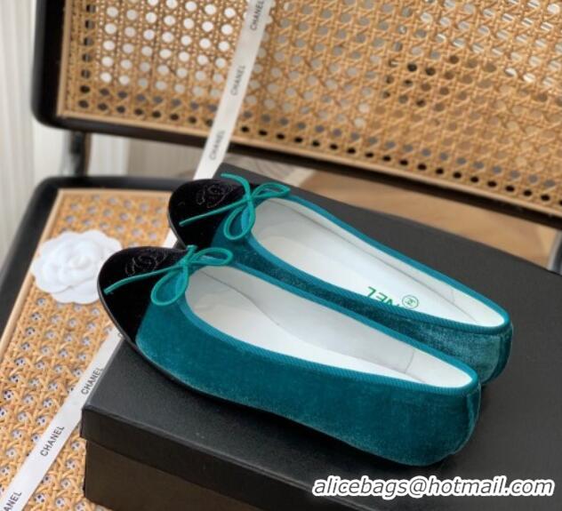 Top Grade Chanel Velvet Ballerinas with Bow Green 101322