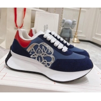 Good Product Alexander McQueen Spring Suede and Fabric Sneakers Navy Blue 090978