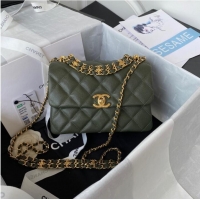 Affordable Price Chanel SMALL FLAP BAG Grained Calfskin & Gold-Tone Metal AS3580 blackish green